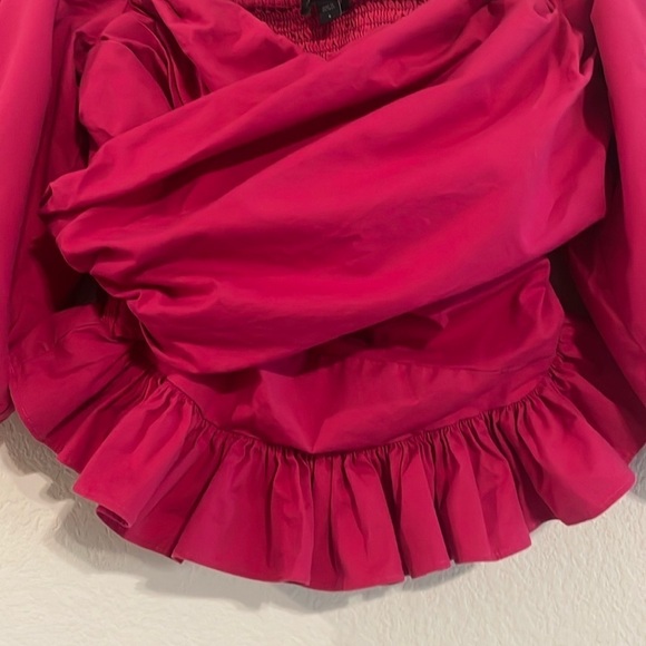 Express Women’s Peplum Top Small Hot Pink Cross Front Smock Back Balloon Sleeve - Picture 4 of 14